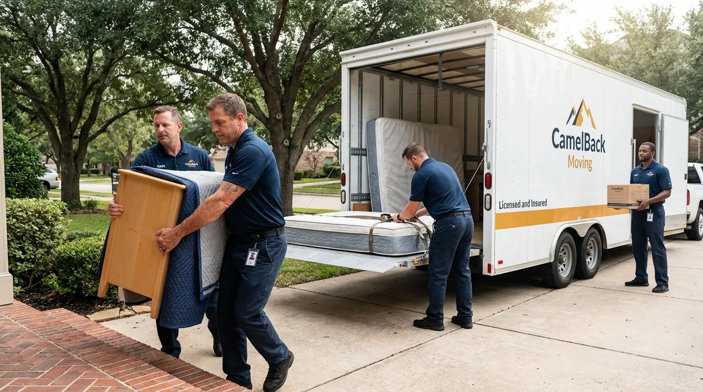 Crew loading residential truck for cross-state move from Llano, TX