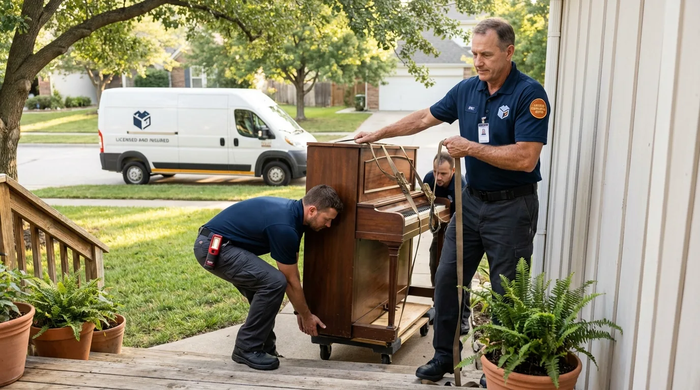 Licensed piano movers securing grand piano in Llano, TX