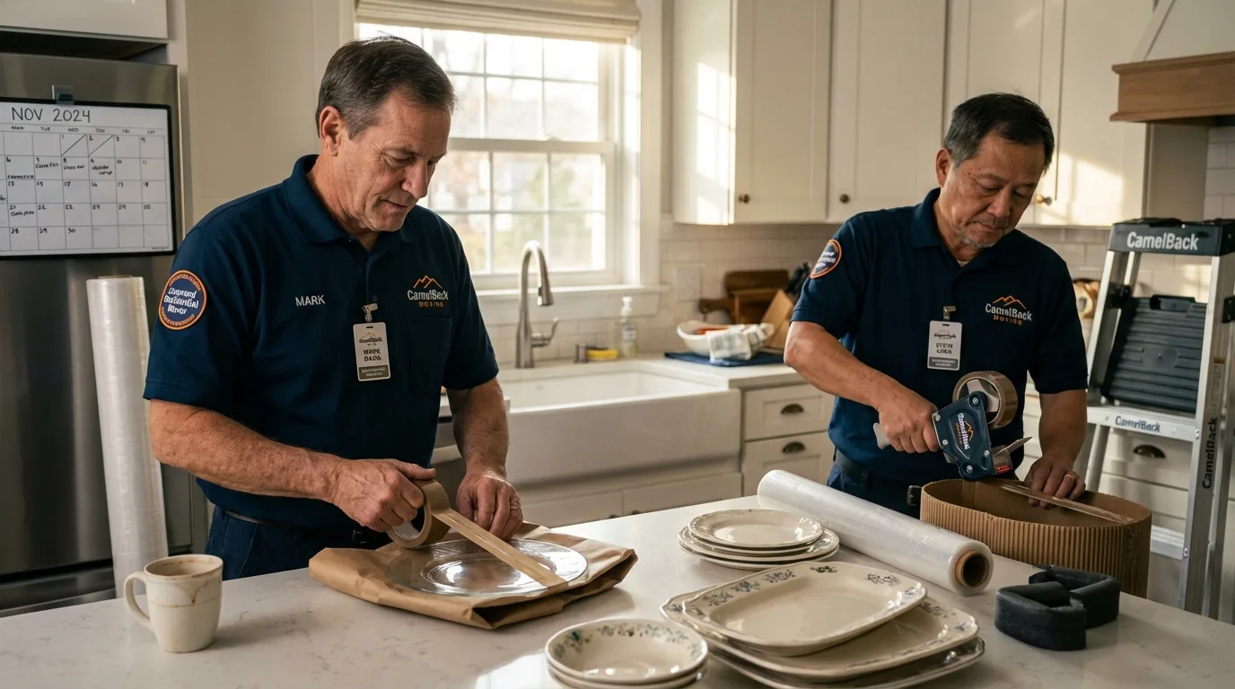 Professional crew packing kitchen dishware in Llano, TX